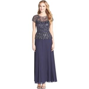 NWT Pissaro Nights Sz 14 Beaded Mesh Mock Two-Piece Formal Gown Navy